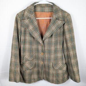 Vintage 1960s Plaid Wool Blazer Womens Size 12 Brown Blue Lined Jacket 2 Button